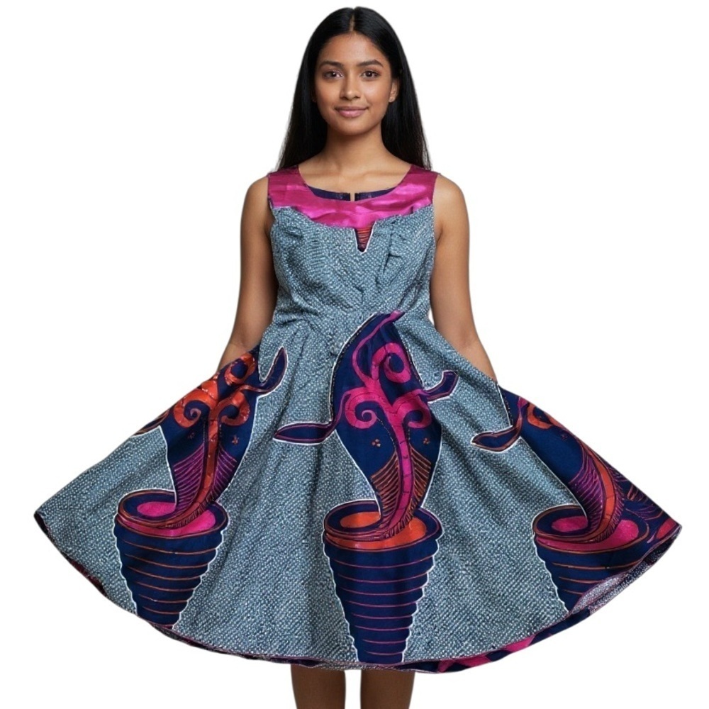 VTG Handmade UNIQUE Colorful ARTSY Sleeveless Dress Sz.10 Navy Pink BOLD Design
